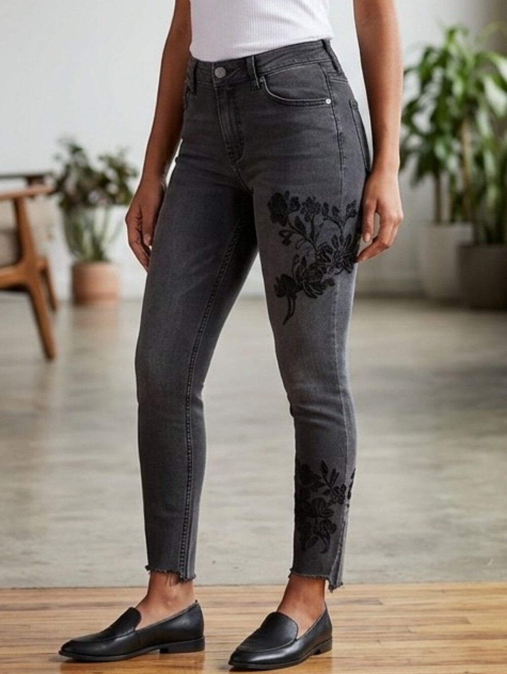 High-Rise Black Floral Embroidered Women’s Jeans